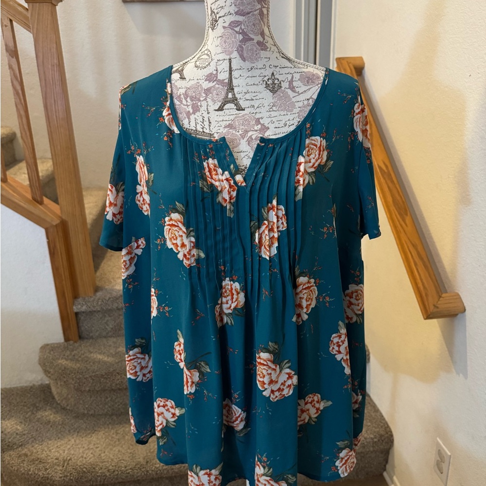 Torrid Blue Pleated Short Sleeve Blouse